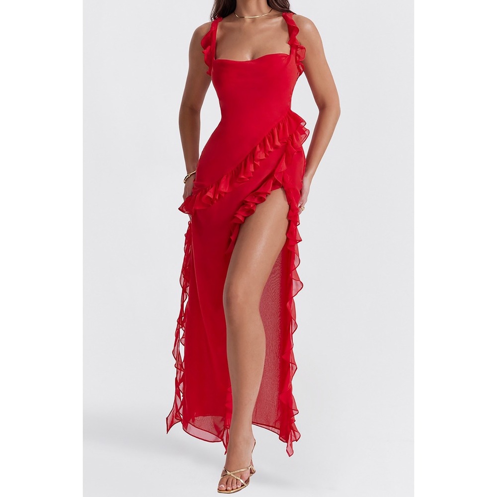 Micas Red Ruffle Maxi Dress Sleeveless Formal Cocktail Party Gown size L